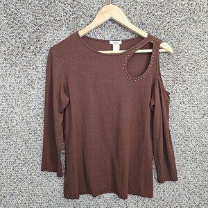 Cache Top Womens Large Brown Cut Out Cold Shoulder‎ Tee Casual Ladies 3/4 Sleeve